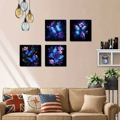 4pcs Purple Butterfly Purple Floral Elegant Wall Art Canvas Framed