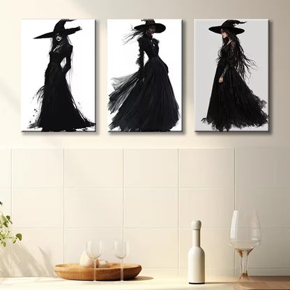3pcs Elegant Black Witch Wall Art Set Canvas Framed 40x60cm - High Quality Print 100% Australian Made Wall Canvas Ready to Hang