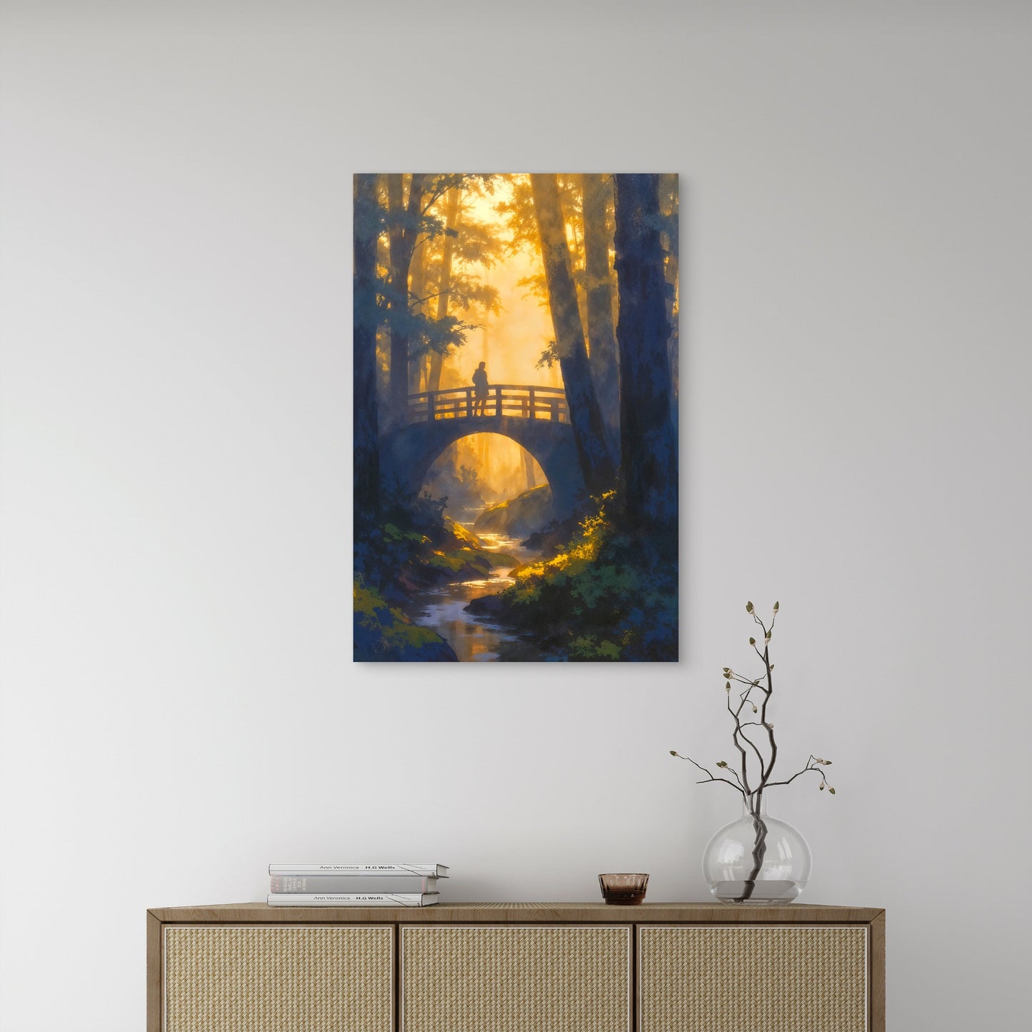 Misty Woods Bridge Figure Sunset Stream 40x60cm Metal Print Ready to Hang