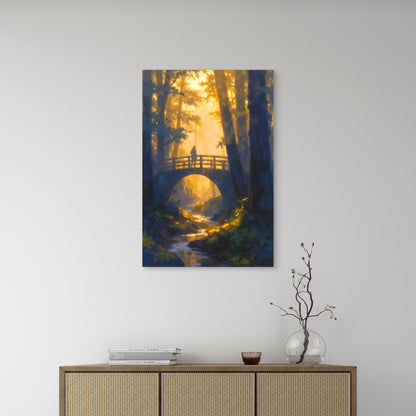 Misty Woods Bridge Figure Sunset Stream 40x60cm Metal Print Ready to Hang