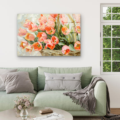 Peach Pink Tulip Basket Flower Bouquet Acrylic Glass Printing Wall Art Australian Made Quality