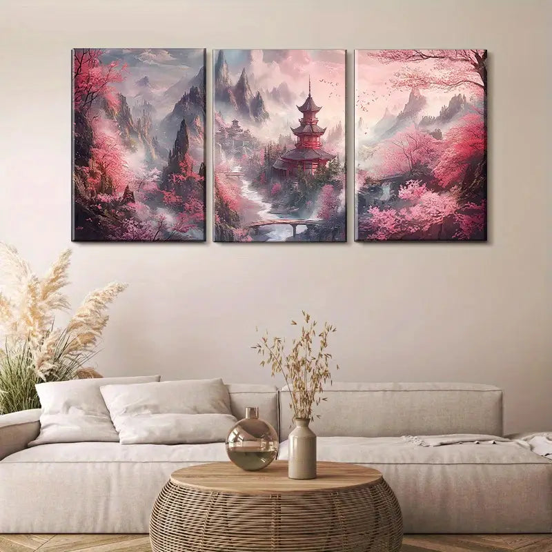 3pcs Pink Cherry Blossoms Metal Print Ready to Hang Art