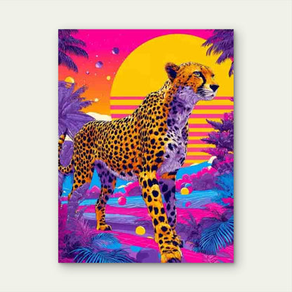 Cheetah In Vibrant Neon Landscape Metal Print Ready to Hang