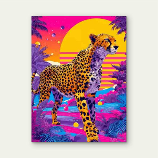 Cheetah In Vibrant Neon Landscape Metal Print Ready to Hang
