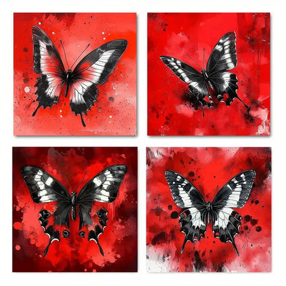 4pcs Vibrant Red & Black Butterfly Designs Wall Art Canvas Framed