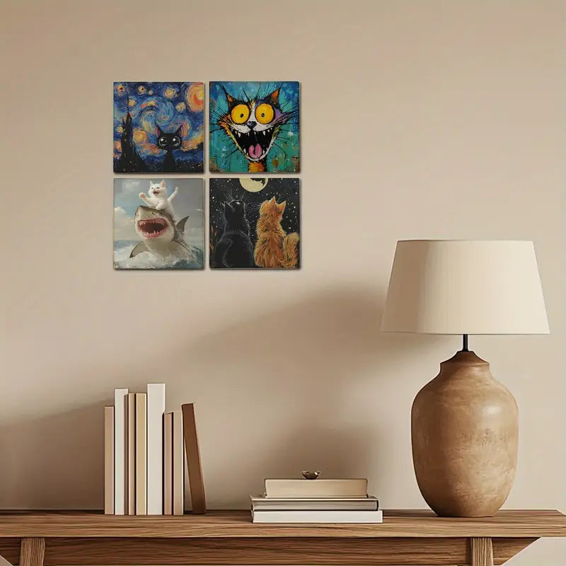 4pcs Whimsical Orange Tabby Cat With Starry Nigh Wall Art Canvas Framed