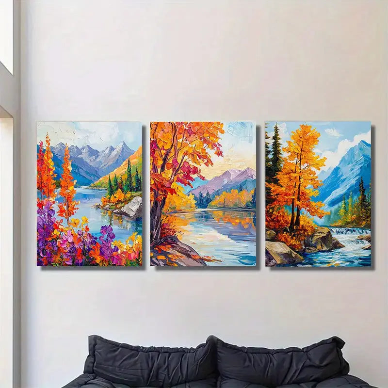 3pcs Vibrant Autumn Scenery Metal Print Ready to Hang Art