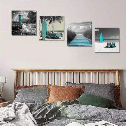 4pcs Ocean Waves Poster,  Wall Art Canvas Framed