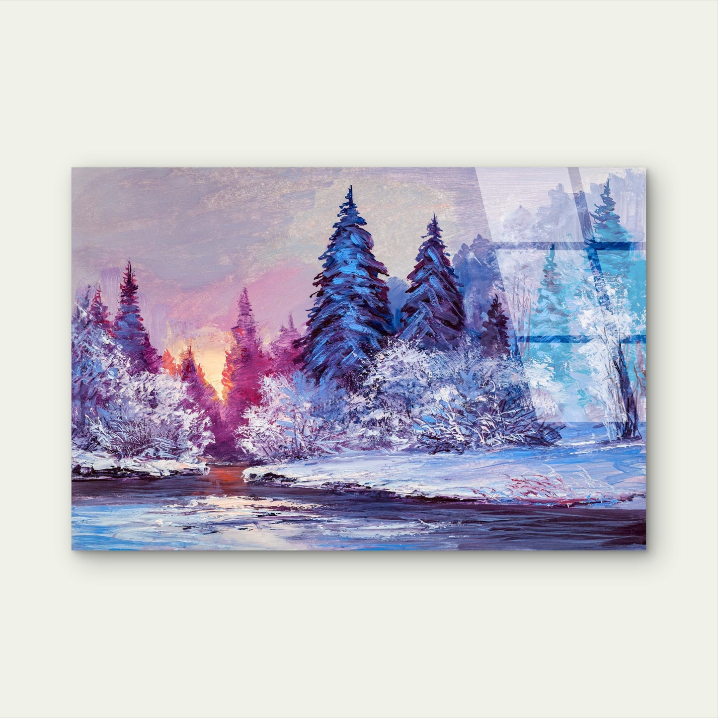 Purple Pastel Sunset Snowy Woods River Acrylic Glass Printing Wall Art Australian Made Quality