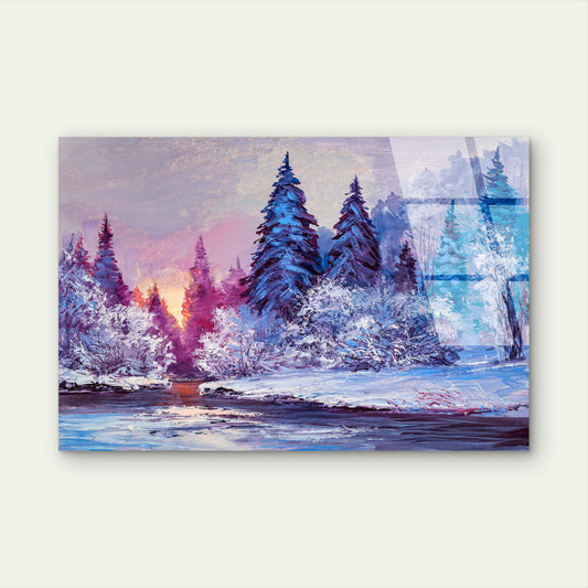 Purple Pastel Sunset Snowy Woods River Acrylic Glass Printing Wall Art Australian Made Quality