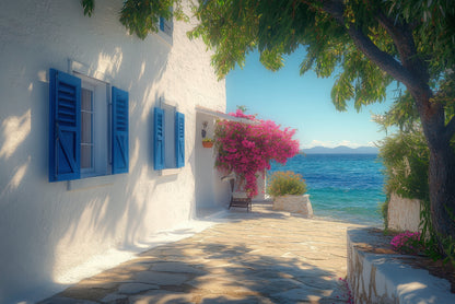 White Building with Blue Shutters, Trees Print 100% Australian Made - Bella Home Decor