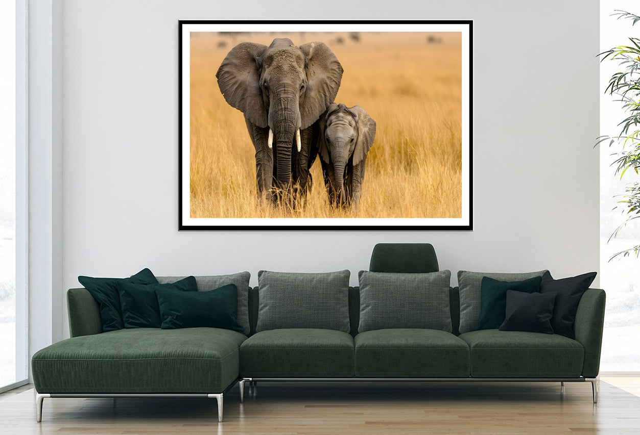 An Elephant and Its Calf Standing In a Grassland Home Decor Premium Quality Poster Print Choose Your Sizes