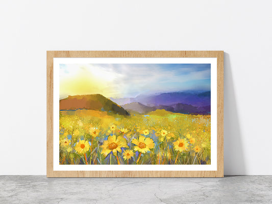 Daisy Flower Blossom, Warm Light Of The Sunset & Hill Glass Framed Wall Art, Ready to Hang Quality Print With White Border Oak