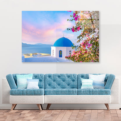 Bougainvillea Tree in Santorini Acrylic Glass Print Tempered Glass Wall Art 100% Made in Australia Ready to Hang - Bella Home Decor