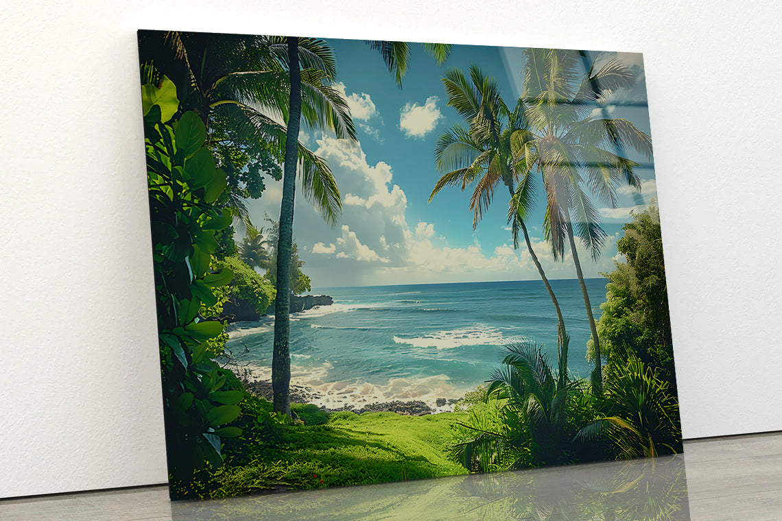Tropical Beach with Palm Trees under Sky Acrylic Glass Print Tempered Glass Wall Art 100% Made in Australia Ready to Hang - Bella Home Decor