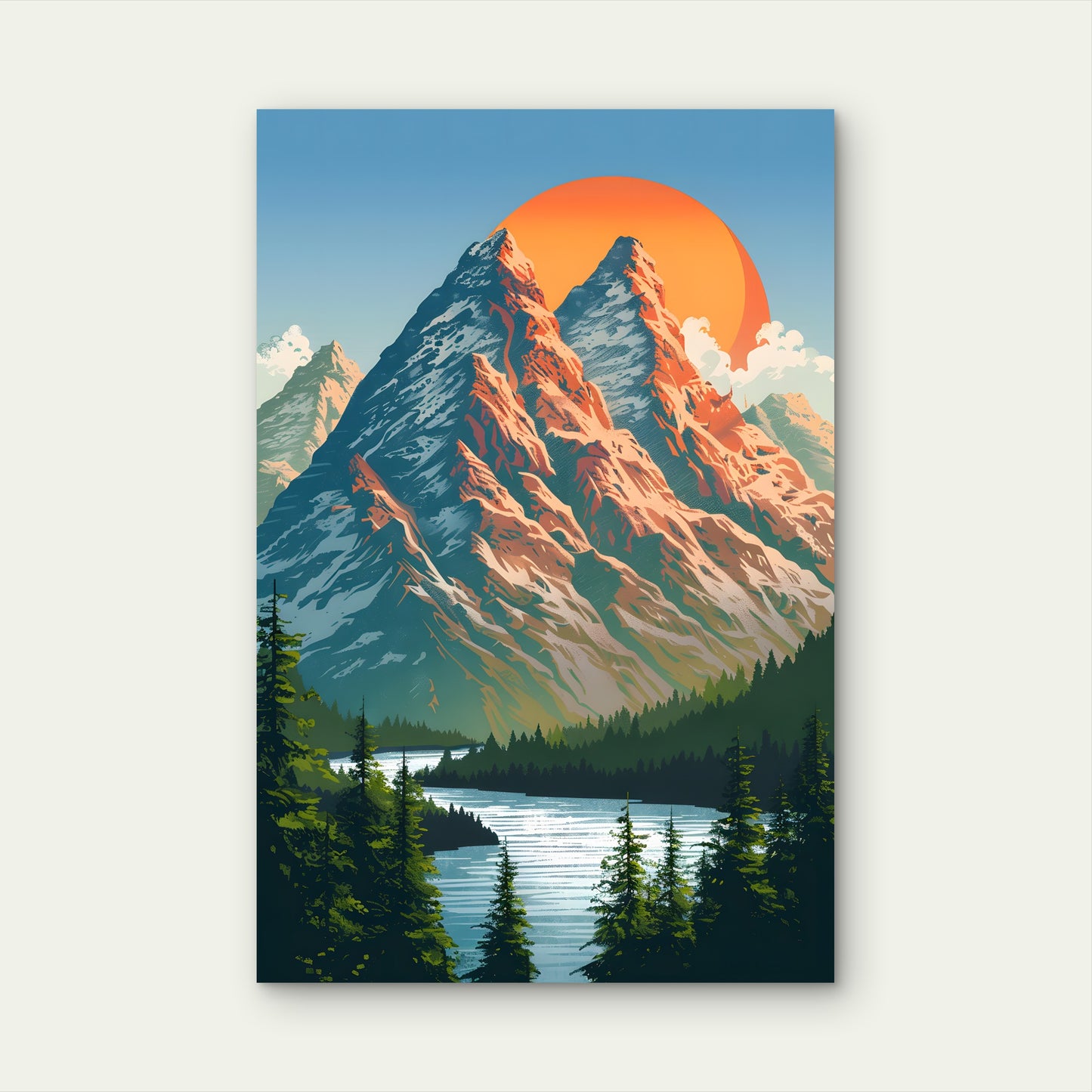 Alps Mountain Sun River Pine Trees 60x90cm Metal Print Ready to Hang