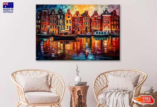 Amsterdam Boats Canals & Houses Oil Painting Wall Art Limited Edition High Quality Print