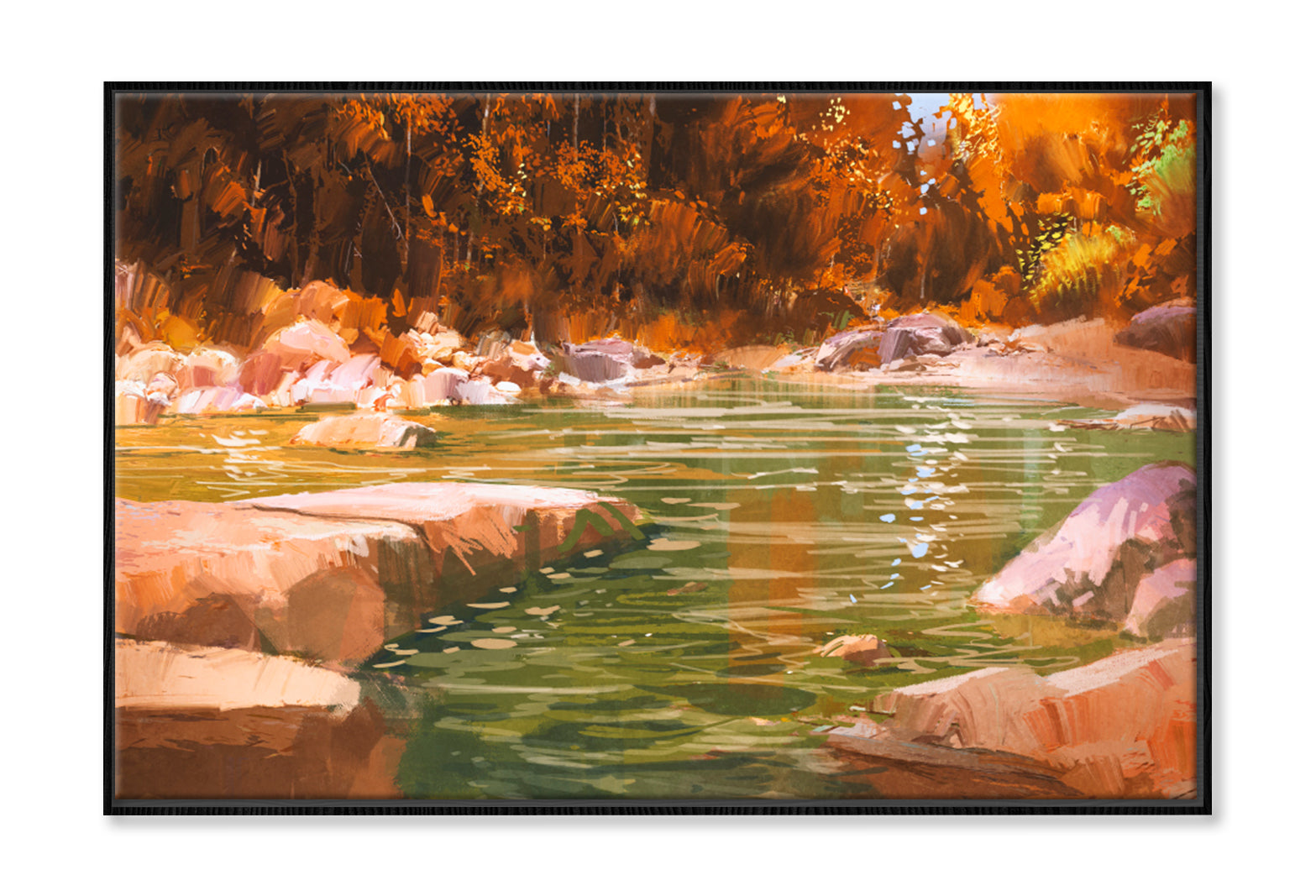 Creek In Autumn Forest Oil Painting Wall Art Limited Edition High Quality Print Canvas Box Framed Black