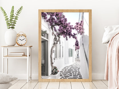 Flower Tree near House Faded Photograph Glass Framed Wall Art, Ready to Hang Quality Print Without White Border Oak