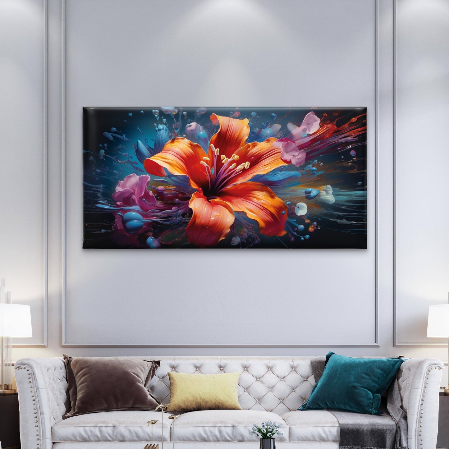 Orange Lily Splatter Wall Art Canvas Office Home Room Framed 120x60cm - Bella Home Decor