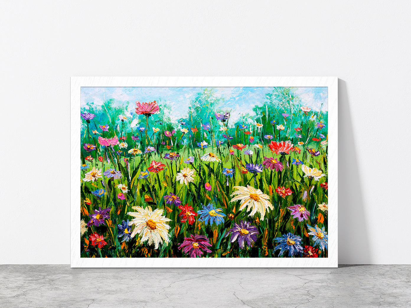 Wildflowers On Meadow Oil Painting Glass Framed Wall Art, Ready to Hang Quality Print Without White Border White