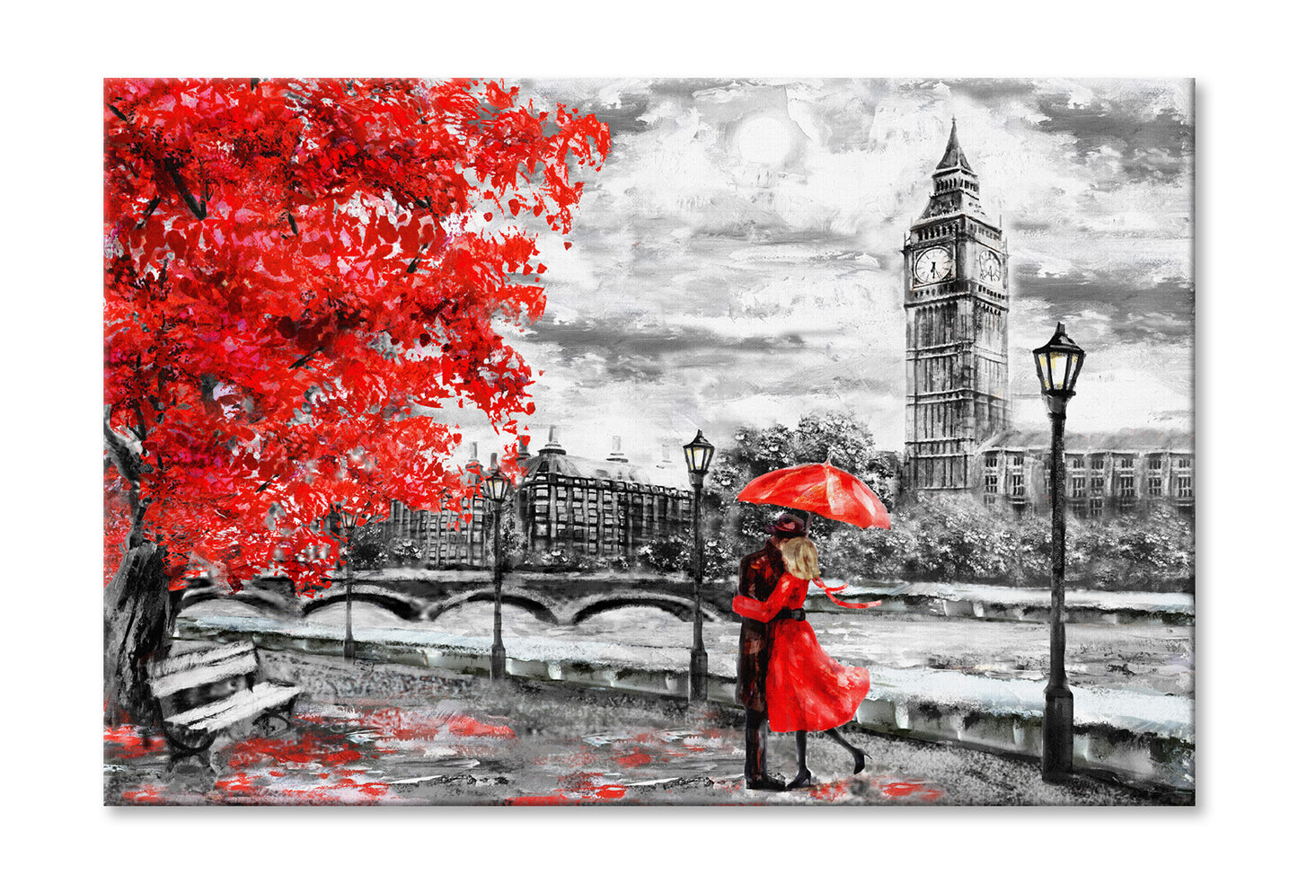 Red Tree & Couple near Big Ben Bridge & River Painting Wall Art Limited Edition High Quality Print Stretched Canvas None