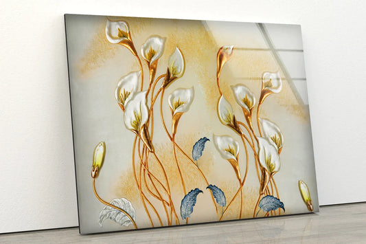 Gold White Blue Floral UV Direct Aluminum Print Australian Made Quality