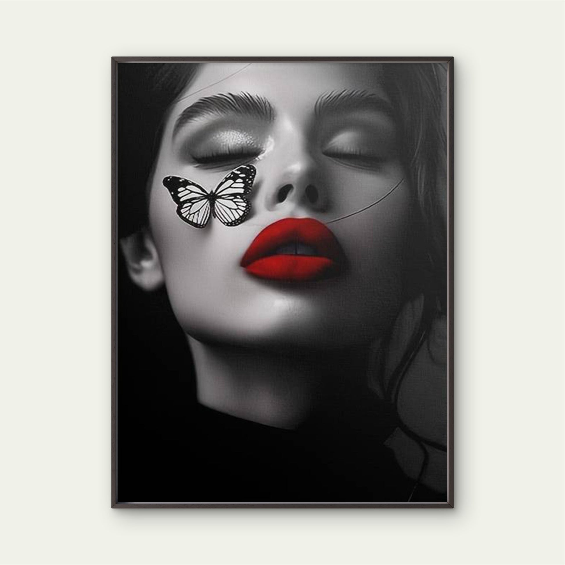 Black and White Woman Face Red Lips Butterfly Fashion Home Decor Premium Quality Poster Print Choose Your Sizes - Bella Home Decor