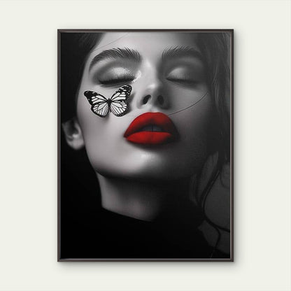 Black and White Woman Face Red Lips Butterfly Fashion Home Decor Premium Quality Poster Print Choose Your Sizes - Bella Home Decor
