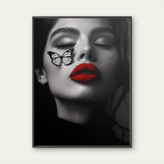 Black and White Woman Face Red Lips Butterfly Fashion Home Decor Premium Quality Poster Print Choose Your Sizes - Bella Home Decor
