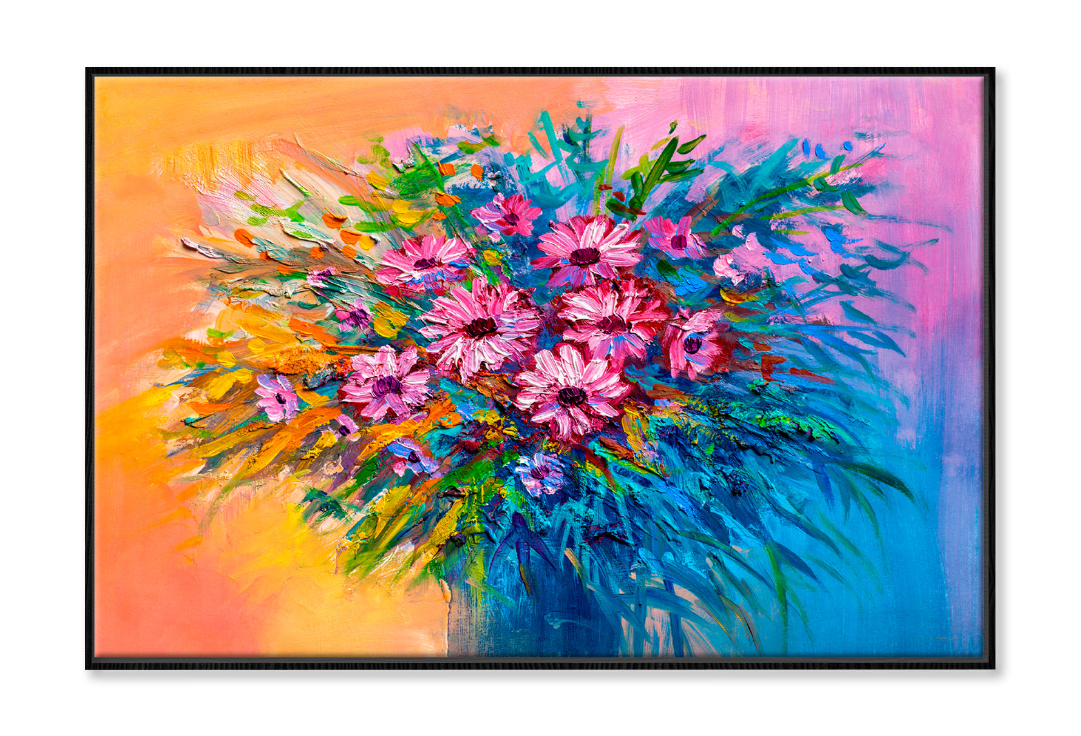 Colorful Bouquet Of Flowers Oil Painting Limited Edition High Quality Print Canvas Box Framed Black