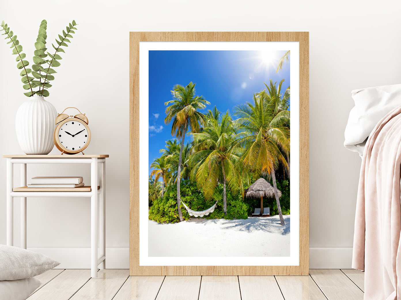 Hammock on Palm Trees & Hut Paradise Beach Glass Framed Wall Art, Ready to Hang Quality Print With White Border Oak