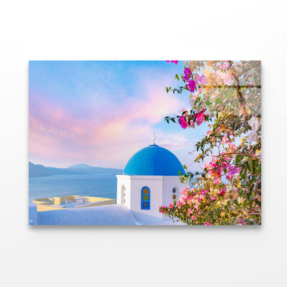 Bougainvillea Tree in Santorini Acrylic Glass Print Tempered Glass Wall Art 100% Made in Australia Ready to Hang - Bella Home Decor