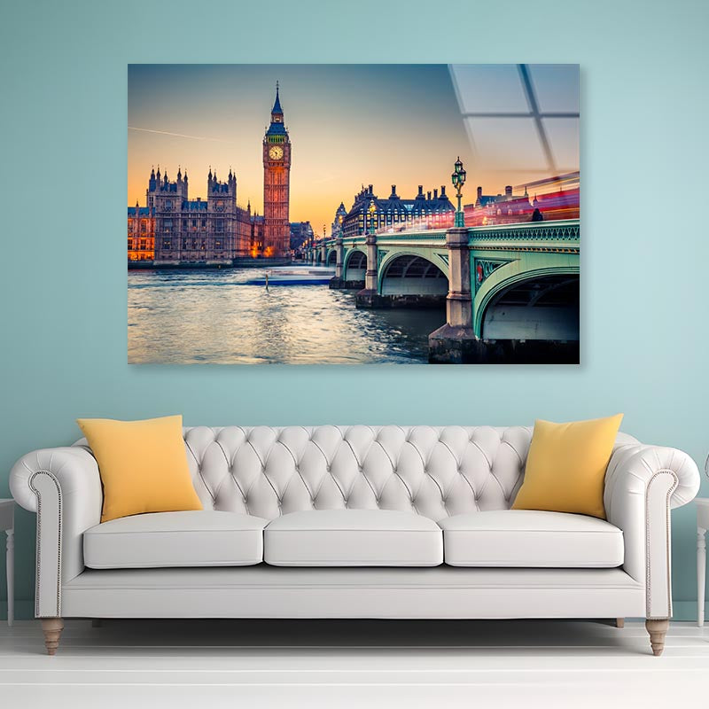 Big Ben and Westminster Bridge at Dusk  Acrylic Glass Print Tempered Glass Wall Art 100% Made in Australia Ready to Hang