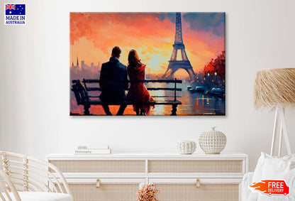 Romantic Couple Looking at Sunset & Eiffel Tower In Paris Wall Art Limited Edition High Quality Print