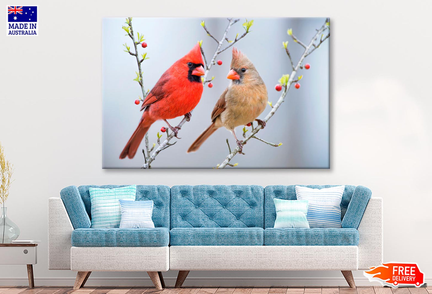 Red Bird or Northern Cardinal Mates Perched on Holly Branches  Wall Art Decor 100% Australian Made - Bella Home Decor