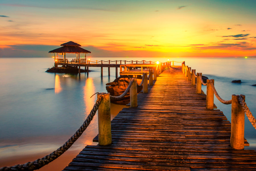 Wooden Pier Between Sunset in Phuket, Thailand Acrylic Glass Print Tempered Glass Wall Art 100% Made in Australia Ready to Hang