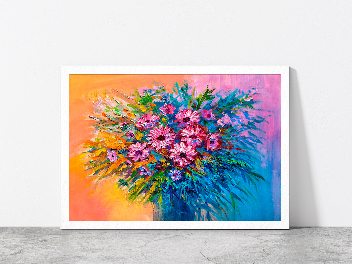 Colorful Bouquet Of Flowers Glass Framed Wall Art, Ready to Hang Quality Print Without White Border White