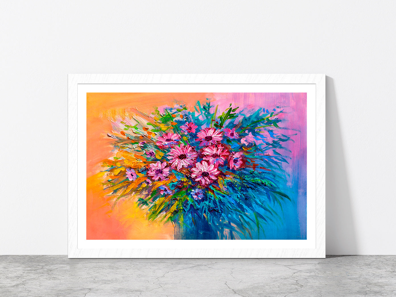 Colorful Bouquet Of Flowers Glass Framed Wall Art, Ready to Hang Quality Print With White Border White