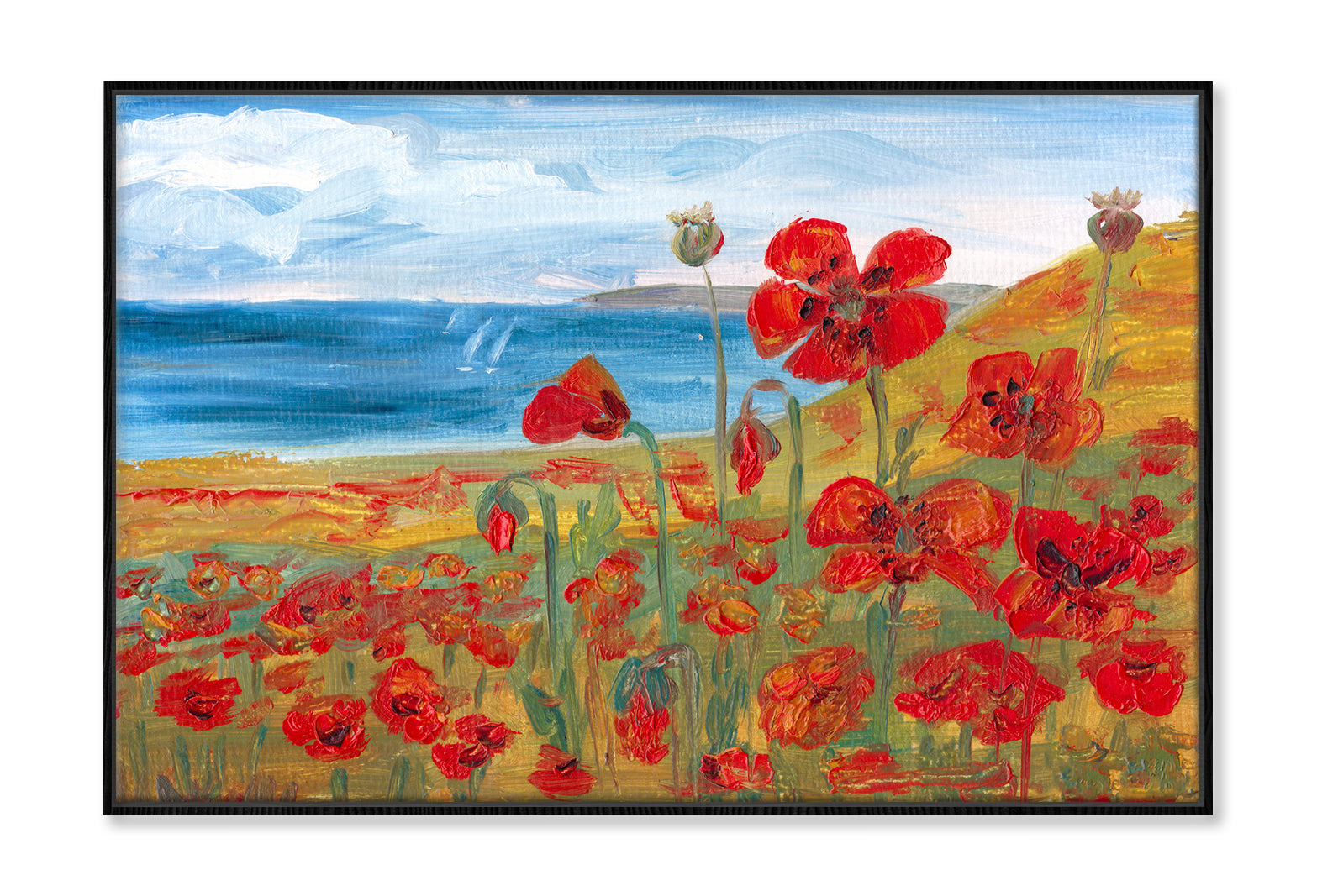 Red Poppies Field near Sea Watercolor Painting Wall Art Limited Edition High Quality Print Canvas Box Framed Black