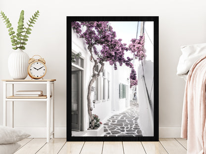 Flower Tree near House Faded Photograph Glass Framed Wall Art, Ready to Hang Quality Print Without White Border Black