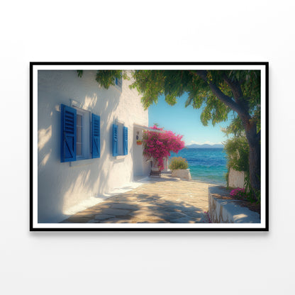 White Building with Blue Shutters, Trees Home Decor Premium Quality Poster Print Choose Your Sizes