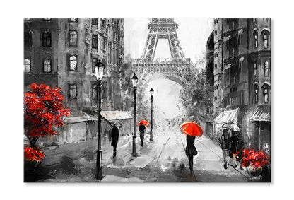 People Under Red Umbrella & Tree near Eiffel Tower B&W Painting Wall Art Limited Edition High Quality Print Stretched Canvas None