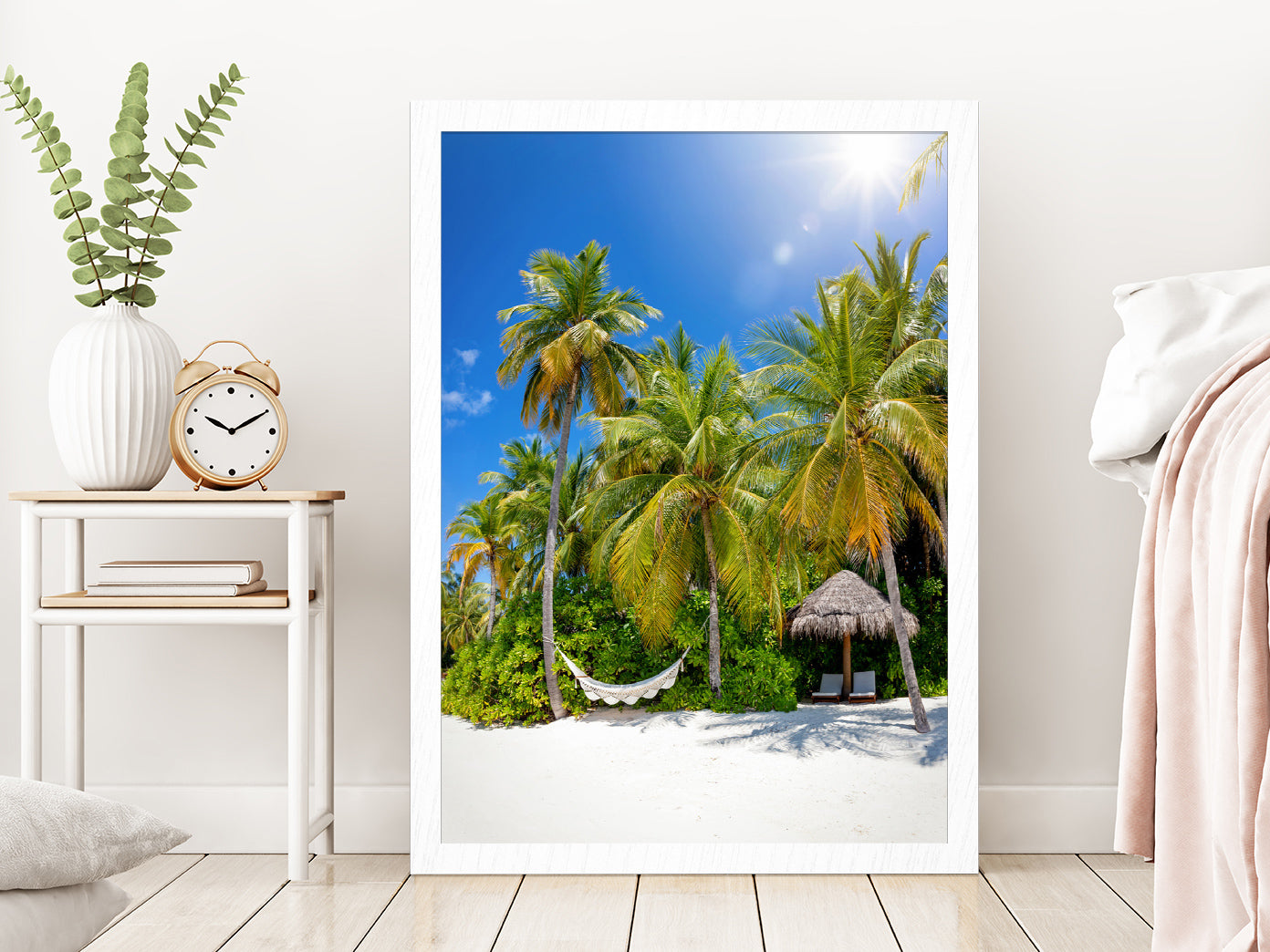 Hammock on Palm Trees & Hut Paradise Beach Glass Framed Wall Art, Ready to Hang Quality Print Without White Border White