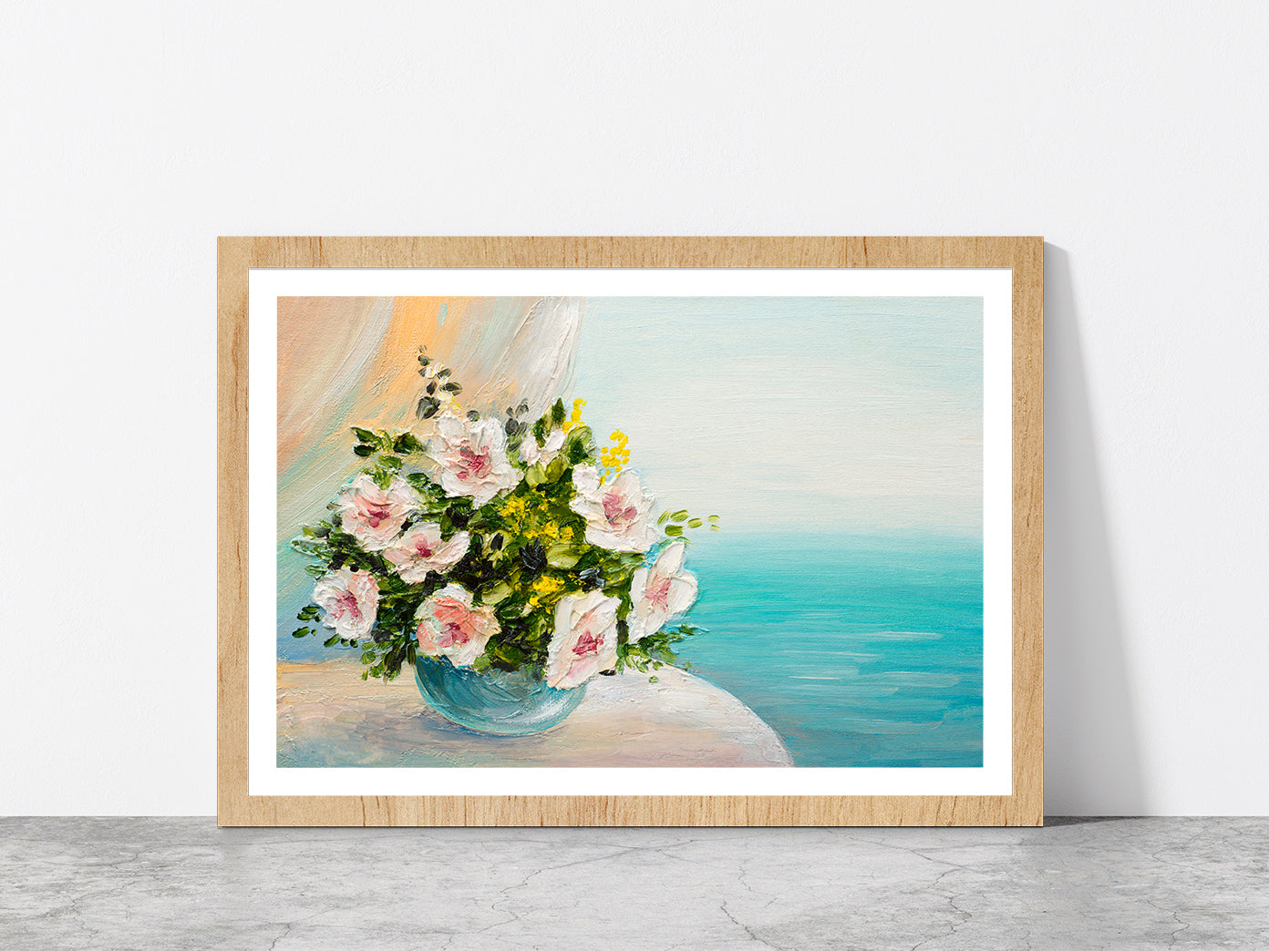 Bouquet Of Flowers On The Table Glass Framed Wall Art, Ready to Hang Quality Print With White Border Oak