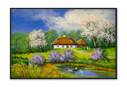 Pond near Houses & Garden Cloudy Sky Oil Painting Wall Art Limited Edition High Quality Print Canvas Box Framed Black