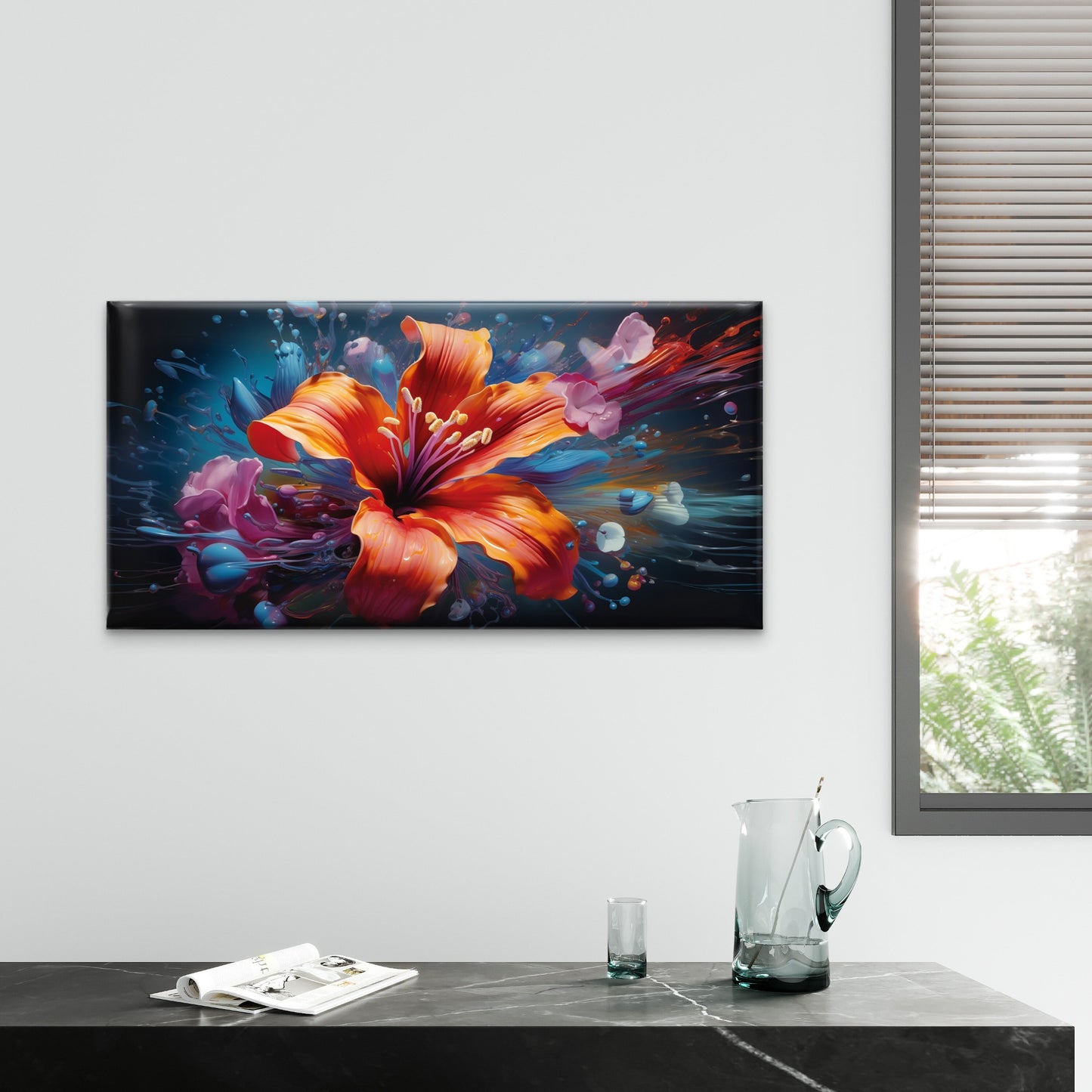 Orange Lily Splatter Wall Art Canvas Office Home Room Framed 120x60cm - Bella Home Decor