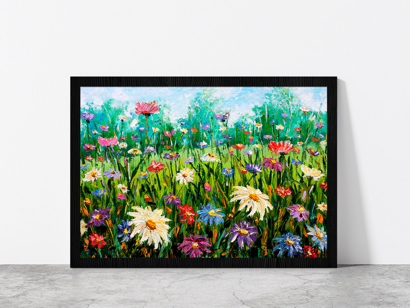 Wildflowers On Meadow Oil Painting Glass Framed Wall Art, Ready to Hang Quality Print Without White Border Black