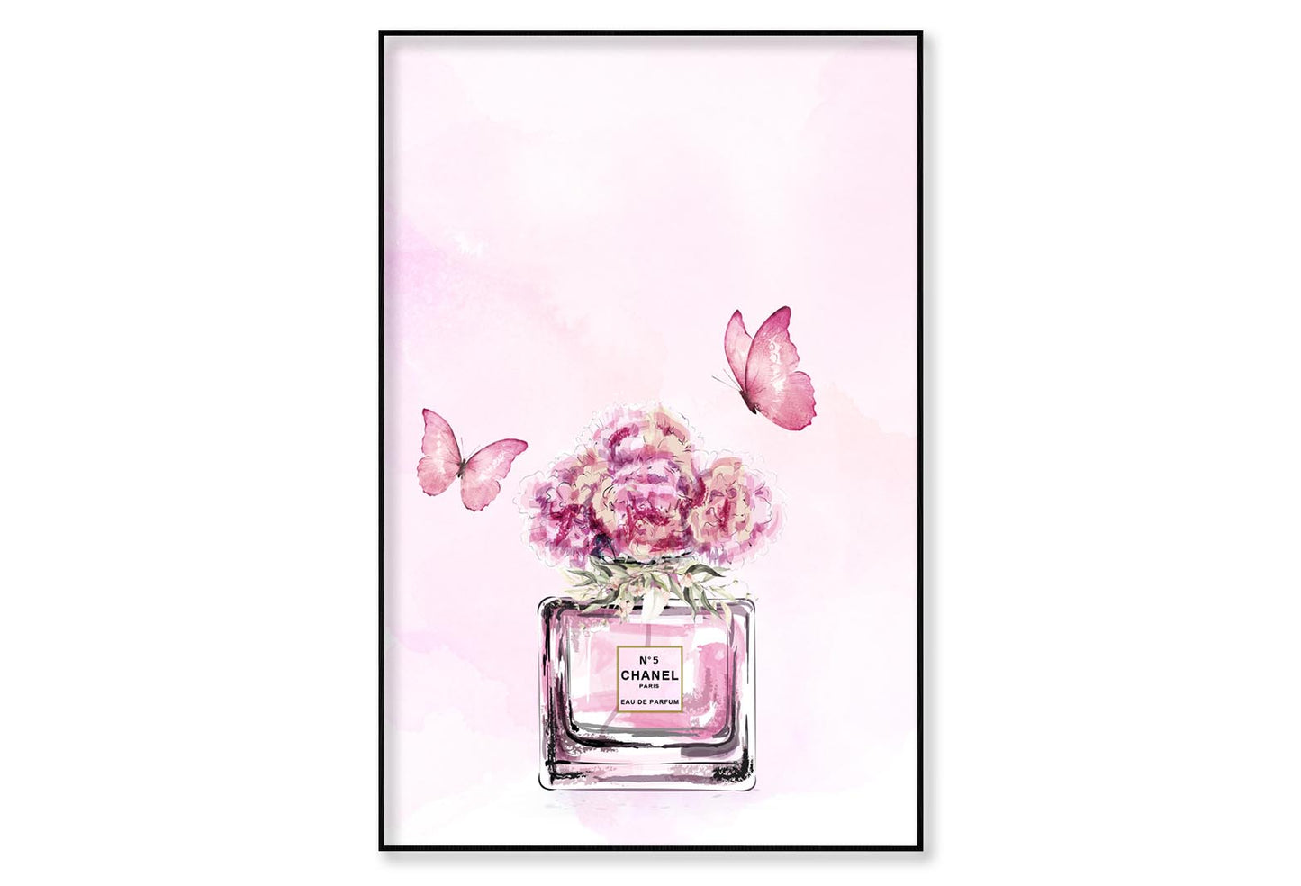 Pink Floral Perfume with Butterflies Wall Art Limited Edition High Quality Print Canvas Box Framed Black