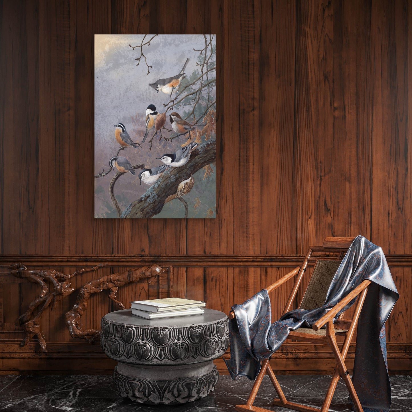 Winter Birds Wildlife Painting 60x90cm Metal Print Ready to Hang - Bella Home Decor